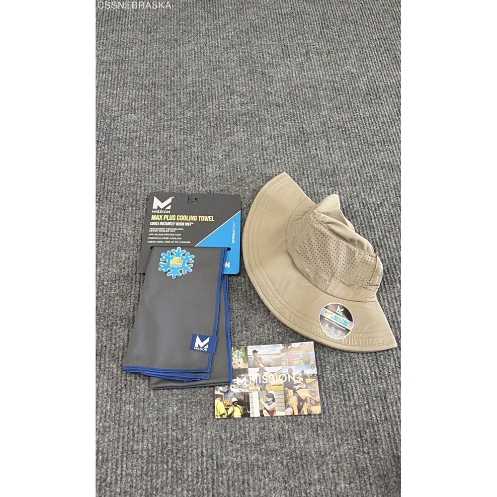 Mission HydroActive‎ Cooling Sun Hat Khaki & Max Plus Cooling Towel Gray Set NWT